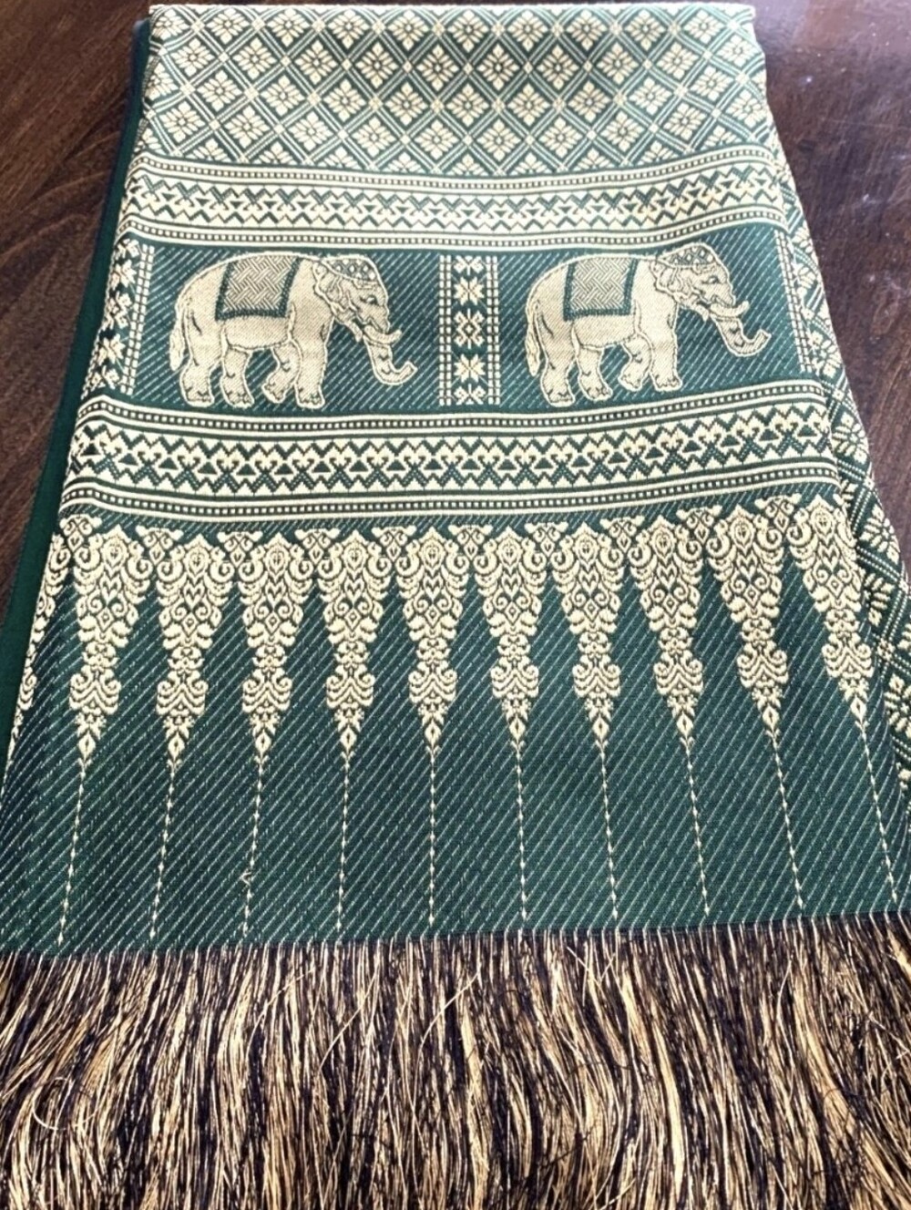 Thai/Cambodin Silky Table runner 40 x 80 Emerald Color Gold Elephants Fringe